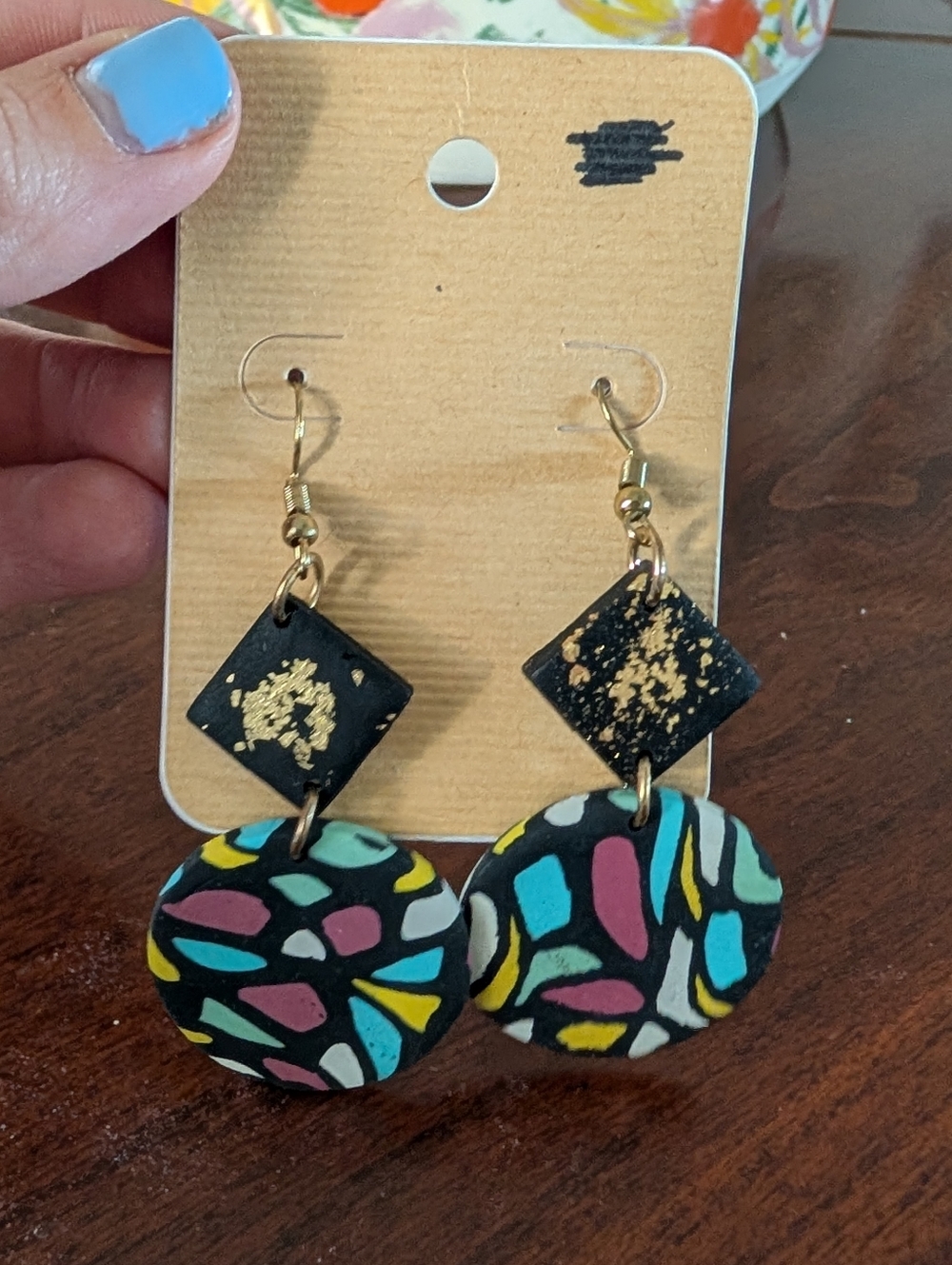 Handcrafted Multicolor Clay Drop Earrings with Gold Accent